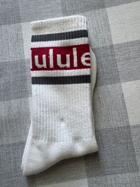 lululemon athletica White Crew Socks with Red and Gray Stripes-NWOT